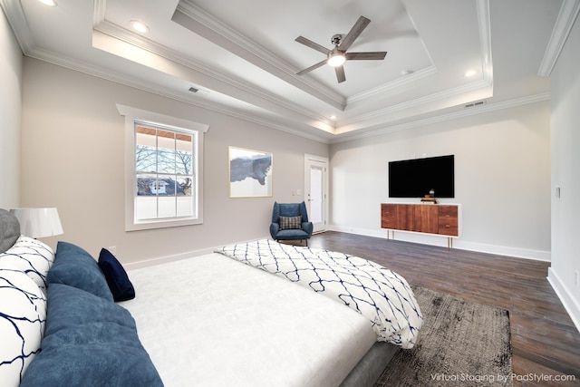 2509A Scovel St, Nashville, TN 37208 - bedroom with crown molding, visible vents, baseboards, a tray ceiling, and dark wood finished floors