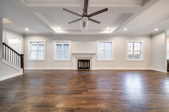 2509A Scovel St, Nashville, TN 37208 - unfurnished living room featuring a fireplace, dark wood finished floors, a ceiling fan, stairway, and coffered ceiling