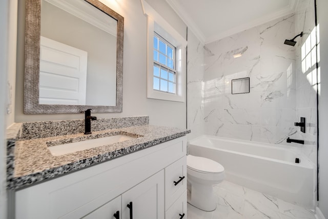 2509A Scovel St, Nashville, TN 37208 - bathroom featuring crown molding, vanity, marble finish floor, toilet, and bathtub / shower combination