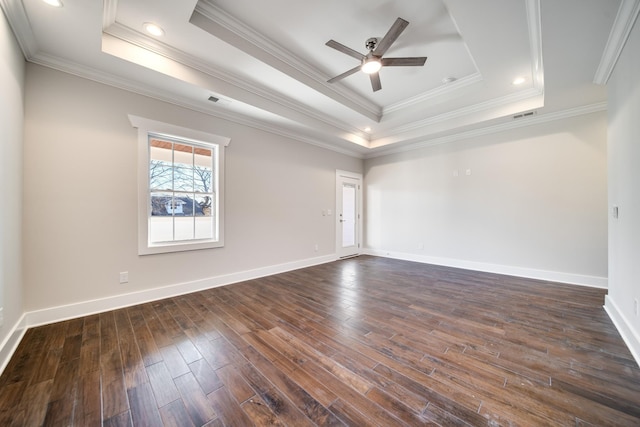 2509A Scovel St, Nashville, TN 37208 - unfurnished room with crown molding, ceiling fan, baseboards, dark wood-type flooring, and a tray ceiling
