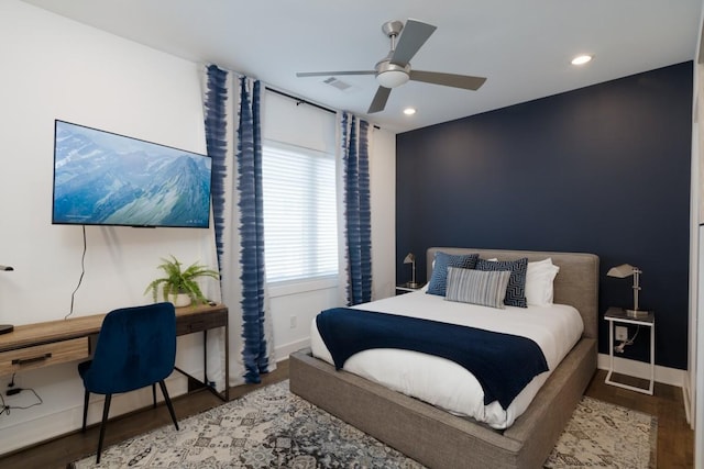 bedroom featuring recessed lighting, baseboards, ceiling fan, and wood finished floors
