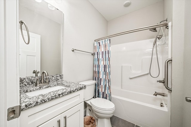 bathroom featuring vanity, tile patterned floors, toilet, and shower / bath combination with curtain