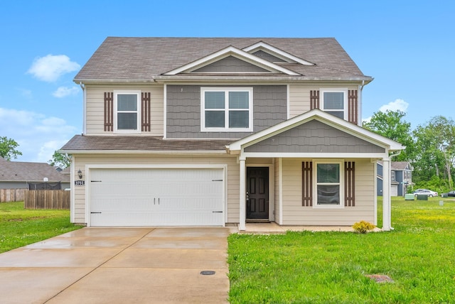 view of front of house featuring an attached garage, concrete driveway, covered porch, and roof with shingles