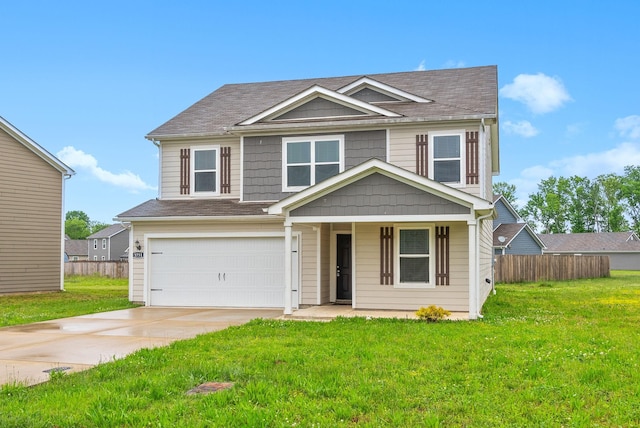 view of front of house featuring concrete driveway, an attached garage, covered porch, and a shingled roof