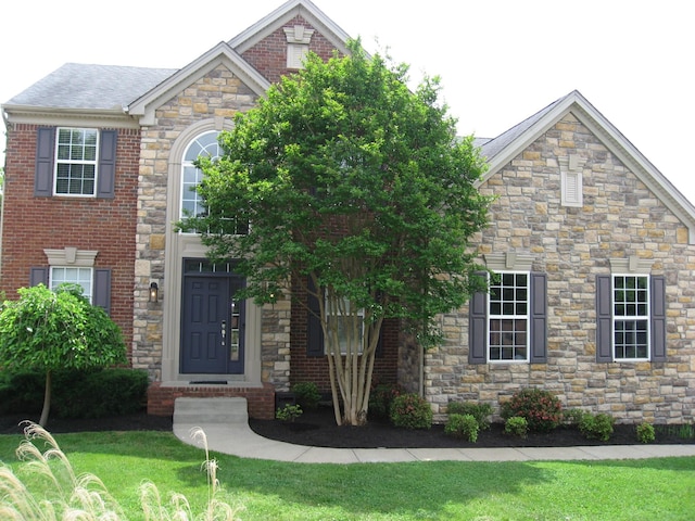 view of front of house featuring a front lawn and stone siding