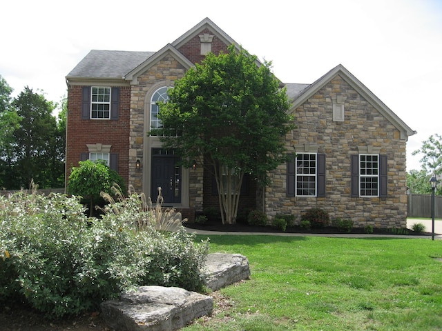 view of front facade featuring a front lawn and stone siding