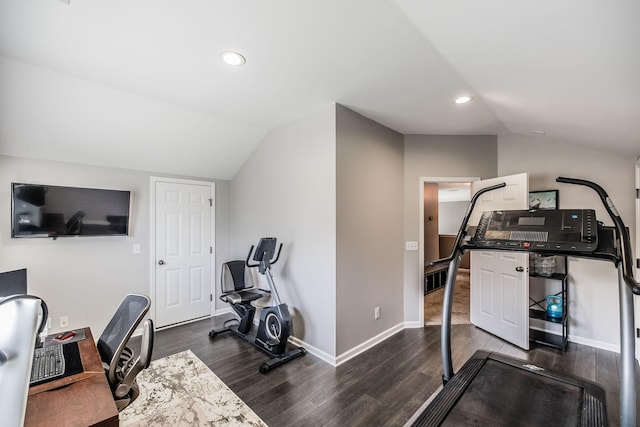 1505 Sylvan Park Ct, Mount Juliet, TN 37122 - workout room with vaulted ceiling, dark wood-type flooring, recessed lighting, and baseboards