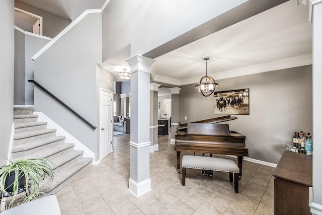 1505 Sylvan Park Ct, Mount Juliet, TN 37122 - foyer with decorative columns, light tile patterned floors, stairway, ornamental molding, and baseboards