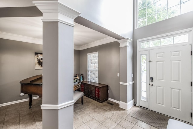 1505 Sylvan Park Ct, Mount Juliet, TN 37122 - foyer featuring ornate columns, light tile patterned floors, ornamental molding, and baseboards