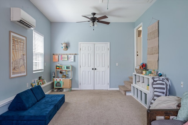 living area featuring stairs, baseboards, ceiling fan, a wall unit AC, and carpet