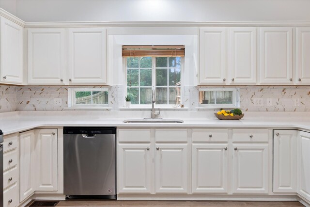 1069 Fitzpatrick Rd, Nashville, TN 37214 - kitchen with dishwasher, a sink, decorative backsplash, and white cabinetry
