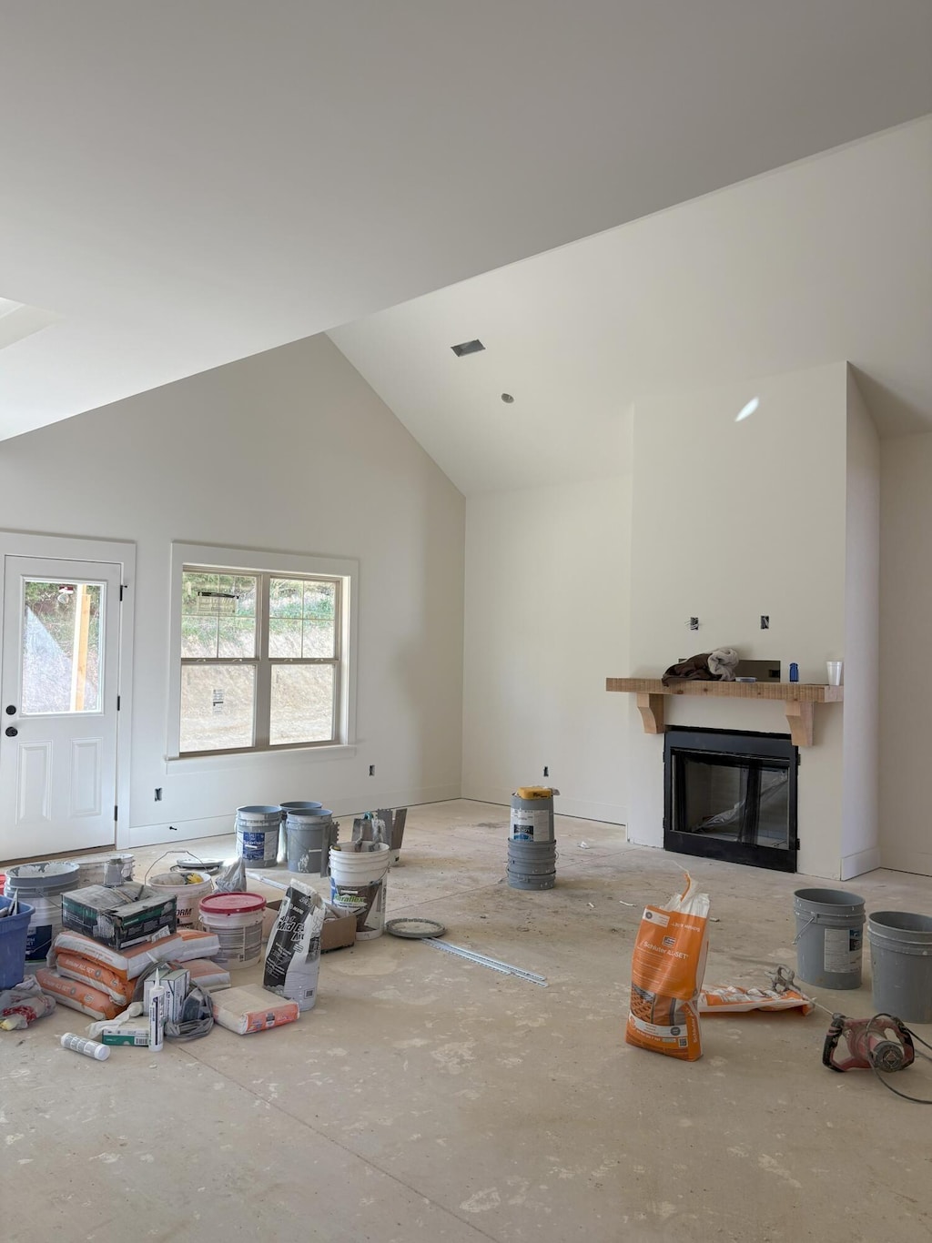 living room with a glass covered fireplace, lofted ceiling, and a healthy amount of sunlight