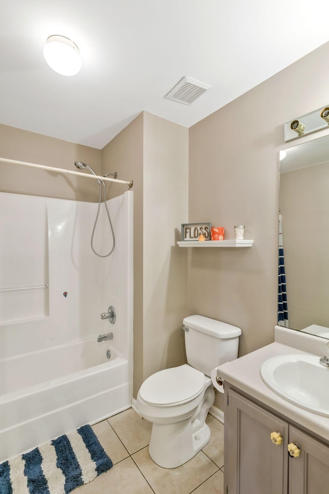 full bath with vanity, shower / bathtub combination, toilet, tile patterned floors, and visible vents