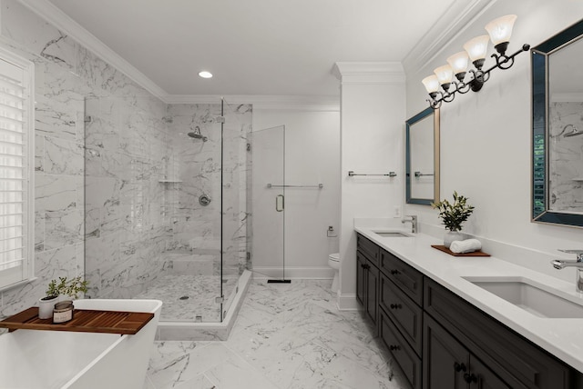 bathroom with crown molding, a sink, and a marble finish shower