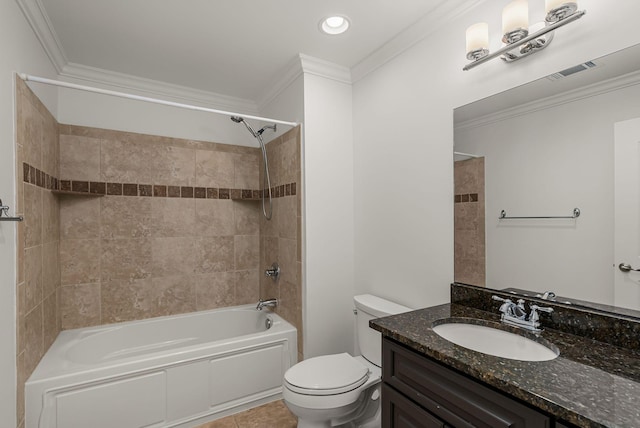 bathroom with visible vents, shower / tub combination, vanity, toilet, and ornamental molding