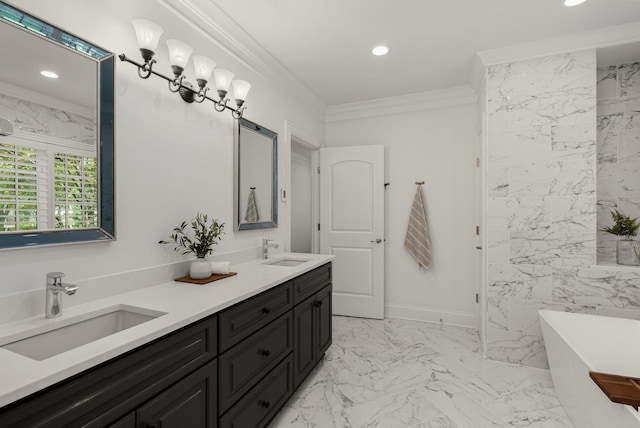 full bath with a sink, a soaking tub, and recessed lighting