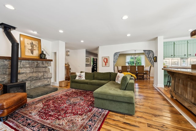 503 Brick Church Pike, Goodlettsville, TN 37072 - living room featuring a wood stove, light wood-style floors, and recessed lighting