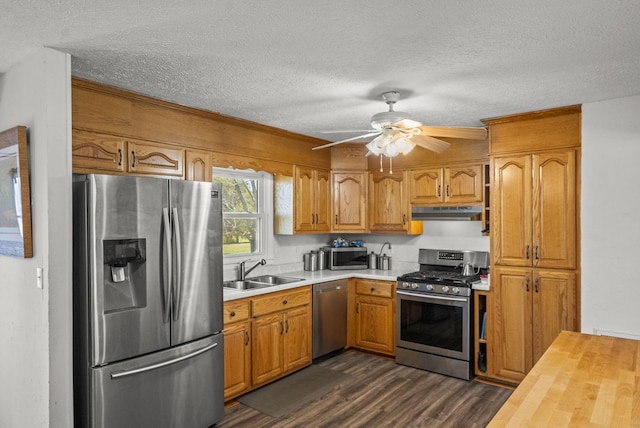 kitchen featuring a sink, a textured ceiling, dark wood-type flooring, under cabinet range hood, and appliances with stainless steel finishes