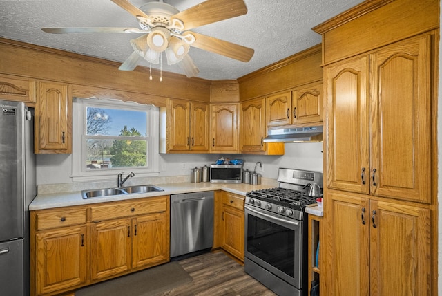 kitchen with under cabinet range hood, a textured ceiling, appliances with stainless steel finishes, and a sink
