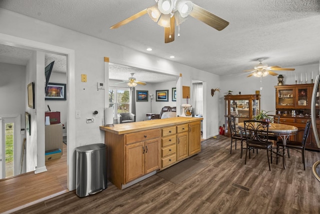 kitchen featuring butcher block countertops, a textured ceiling, visible vents, ceiling fan, and dark wood-style floors