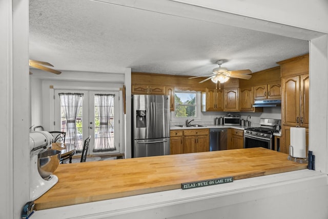 kitchen featuring a sink, ceiling fan, stainless steel appliances, and butcher block counters