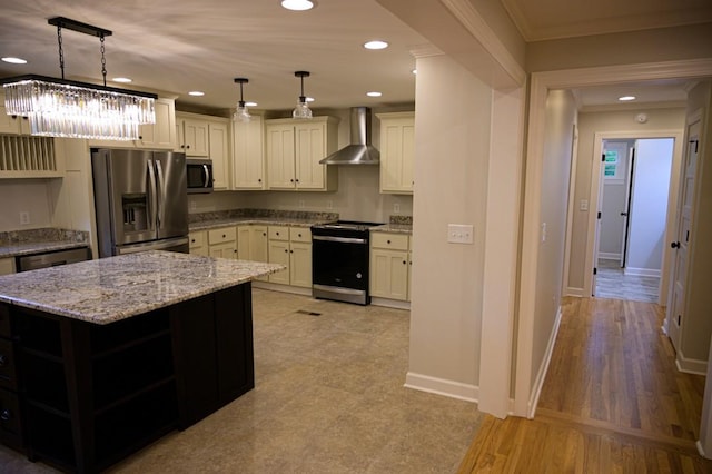 kitchen featuring stainless steel appliances, wall chimney range hood, open shelves, light stone countertops, and a kitchen island
