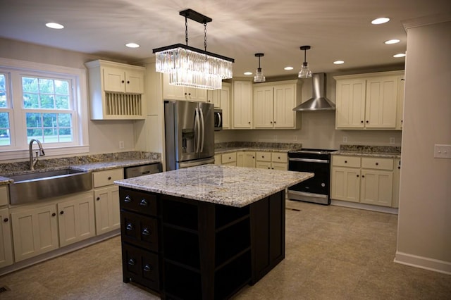 kitchen with recessed lighting, a sink, open shelves, wall chimney exhaust hood, and appliances with stainless steel finishes
