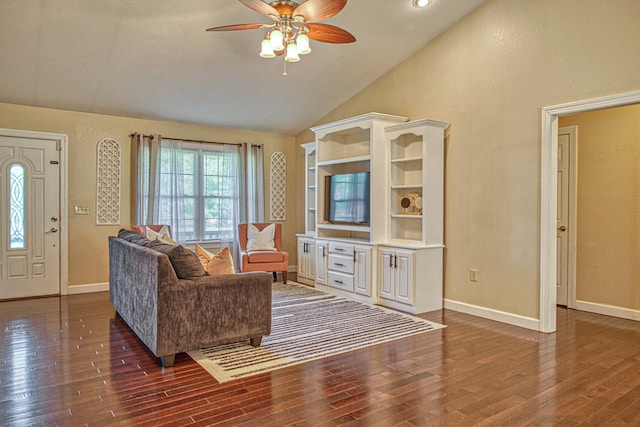 living area featuring baseboards, high vaulted ceiling, ceiling fan, and wood finished floors