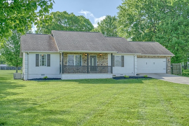 ranch-style house with an attached garage, concrete driveway, crawl space, and a front yard