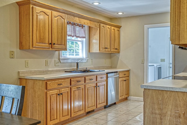 kitchen with a sink, recessed lighting, light countertops, light tile patterned floors, and stainless steel dishwasher