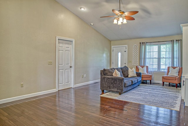 living room featuring high vaulted ceiling, wood-type flooring, baseboards, and a ceiling fan