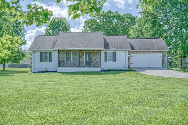 ranch-style home with an attached garage, stone siding, crawl space, a front lawn, and concrete driveway