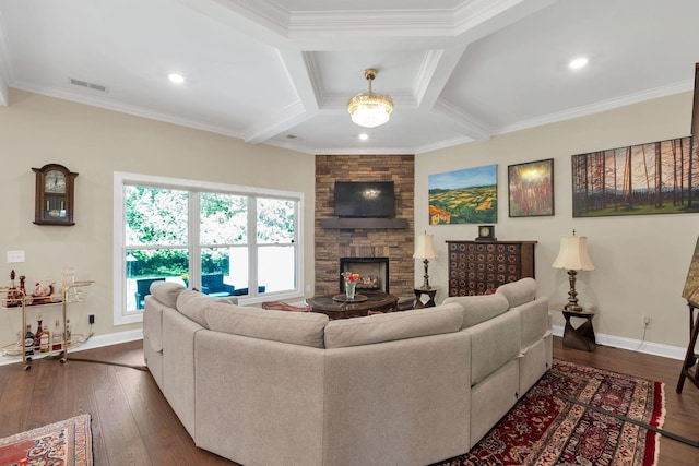 living room featuring visible vents, dark wood-style flooring, baseboards, and a stone fireplace