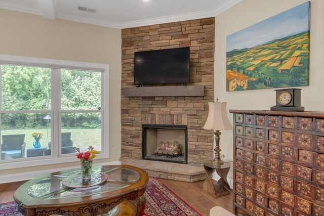 living area featuring a wealth of natural light, visible vents, wood finished floors, and ornamental molding