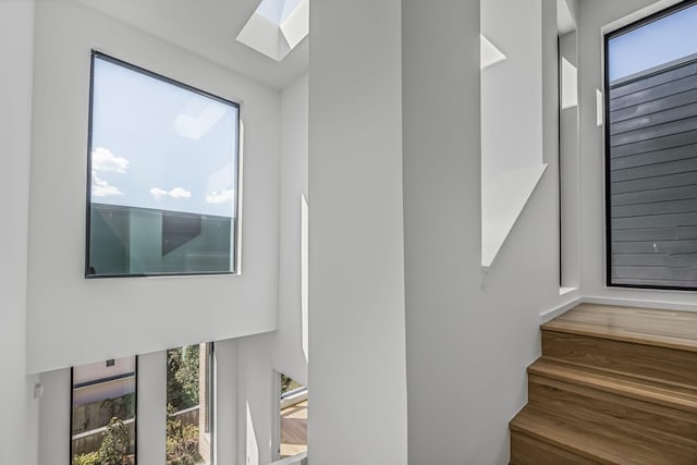 stairway with wood finished floors and a skylight