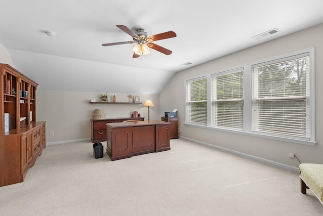 9404 Dove Field Ct, Brentwood, TN 37027 - office area with light colored carpet, visible vents, vaulted ceiling, a ceiling fan, and baseboards