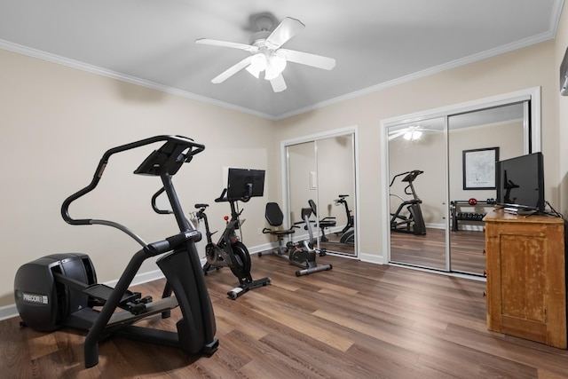 9404 Dove Field Ct, Brentwood, TN 37027 - exercise room featuring ceiling fan, ornamental molding, and dark wood-type flooring