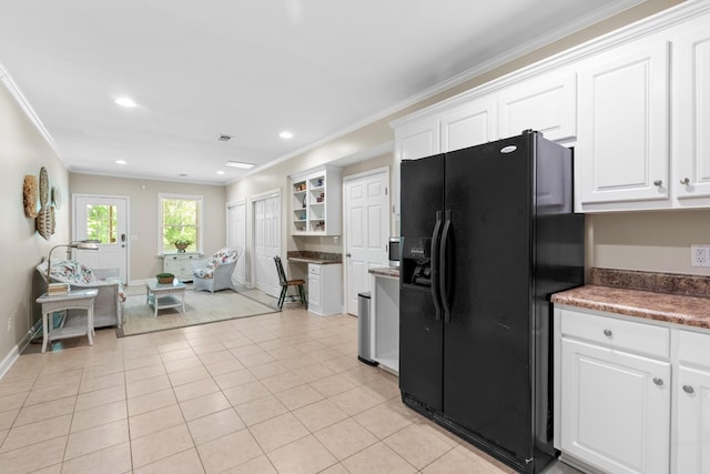 9404 Dove Field Ct, Brentwood, TN 37027 - kitchen featuring crown molding, white cabinetry, light tile patterned floors, and black refrigerator with ice dispenser