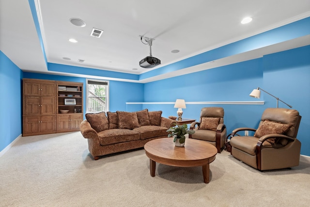 9404 Dove Field Ct, Brentwood, TN 37027 - living area featuring a tray ceiling, baseboards, carpet flooring, ornamental molding, and visible vents