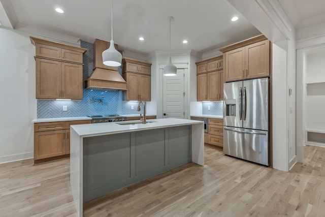 kitchen featuring decorative backsplash, stainless steel fridge with ice dispenser, light countertops, and custom range hood