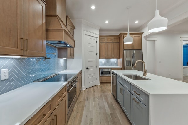 kitchen featuring light wood finished floors, a sink, appliances with stainless steel finishes, custom exhaust hood, and recessed lighting