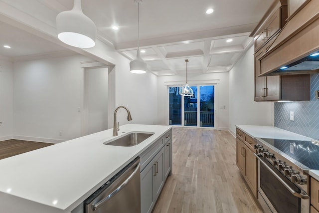 kitchen with light wood-style floors, appliances with stainless steel finishes, light countertops, and a sink