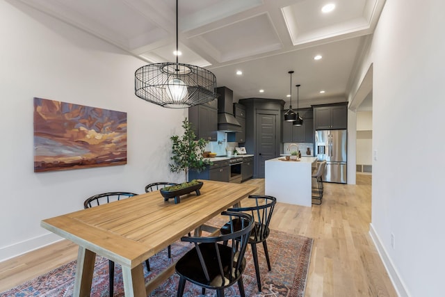 dining area featuring light wood finished floors, coffered ceiling, beam ceiling, baseboards, and recessed lighting