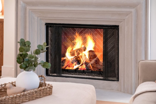 room details featuring a lit fireplace