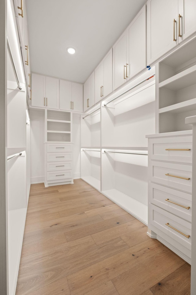walk in closet with light wood-style flooring