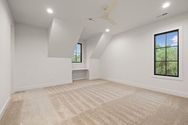bonus room featuring visible vents, recessed lighting, carpet floors, a ceiling fan, and baseboards