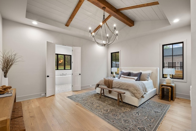 bedroom featuring light wood-style floors, a chandelier, lofted ceiling with beams, and recessed lighting