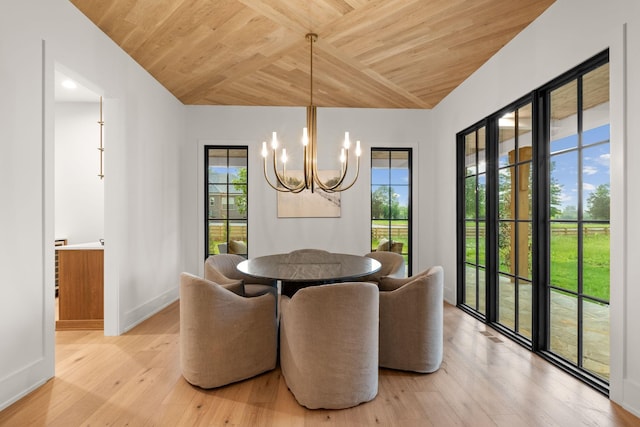dining area featuring lofted ceiling, a chandelier, light wood-style flooring, wood ceiling, and baseboards