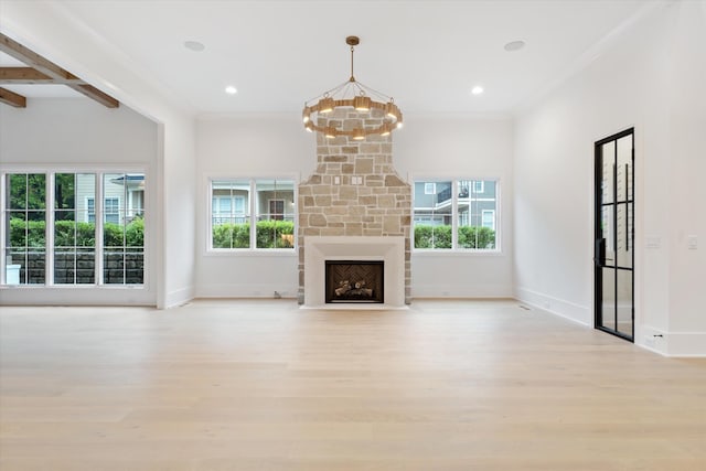 1408 Adams St, Franklin, TN 37064 - unfurnished living room with a chandelier, wood finished floors, ornamental molding, baseboards, and beam ceiling