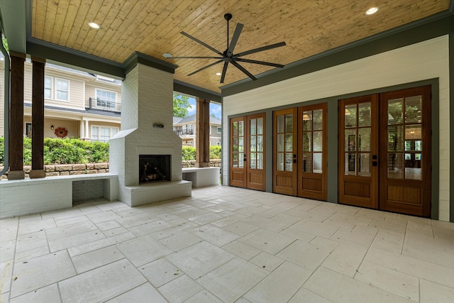 1408 Adams St, Franklin, TN 37064 - view of patio / terrace with french doors, an outdoor brick fireplace, and ceiling fan